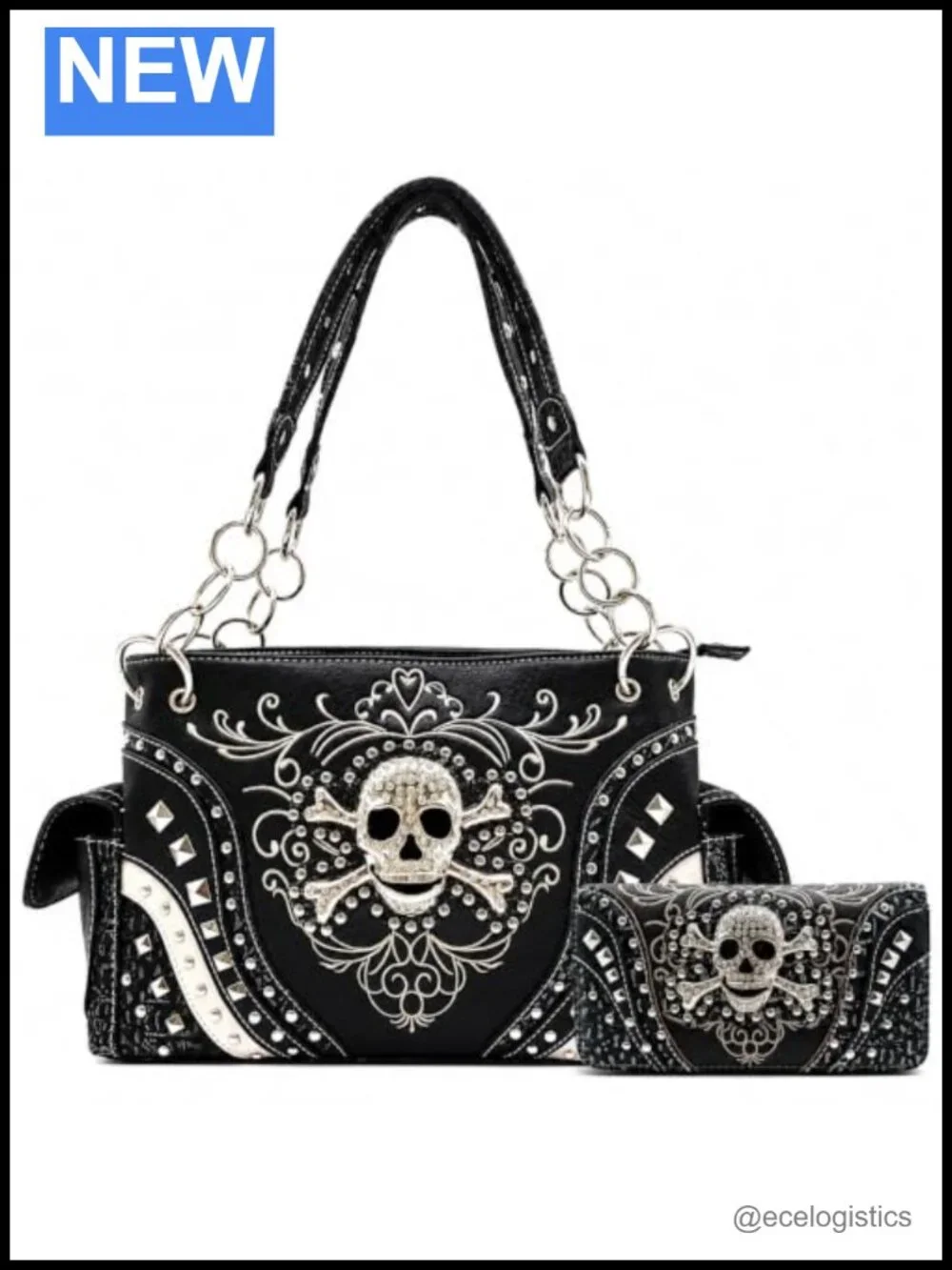 Faux Leather Rhinestone Skull Shoulder Bag and Wallet Set - Gothic Western